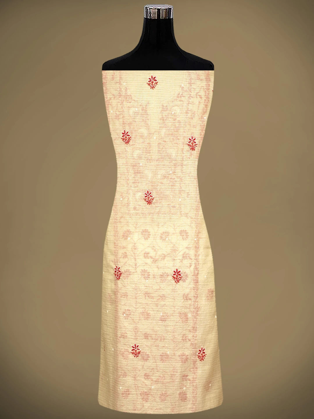 Ada Hand Embroidered Fawn Kota Tissue Lucknowi Chikankari Unstitched Kurta Dupatta Set With Cutdana Work 01A521721
