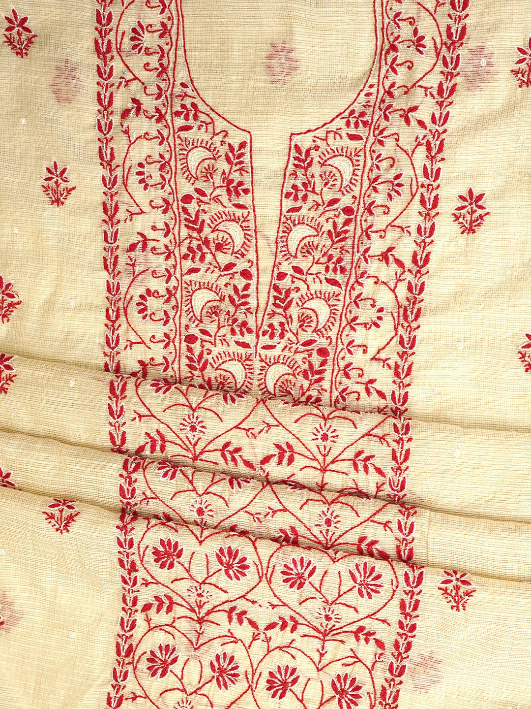 Ada Hand Embroidered Fawn Kota Tissue Lucknowi Chikankari Unstitched Kurta Dupatta Set With Cutdana Work 01A521721