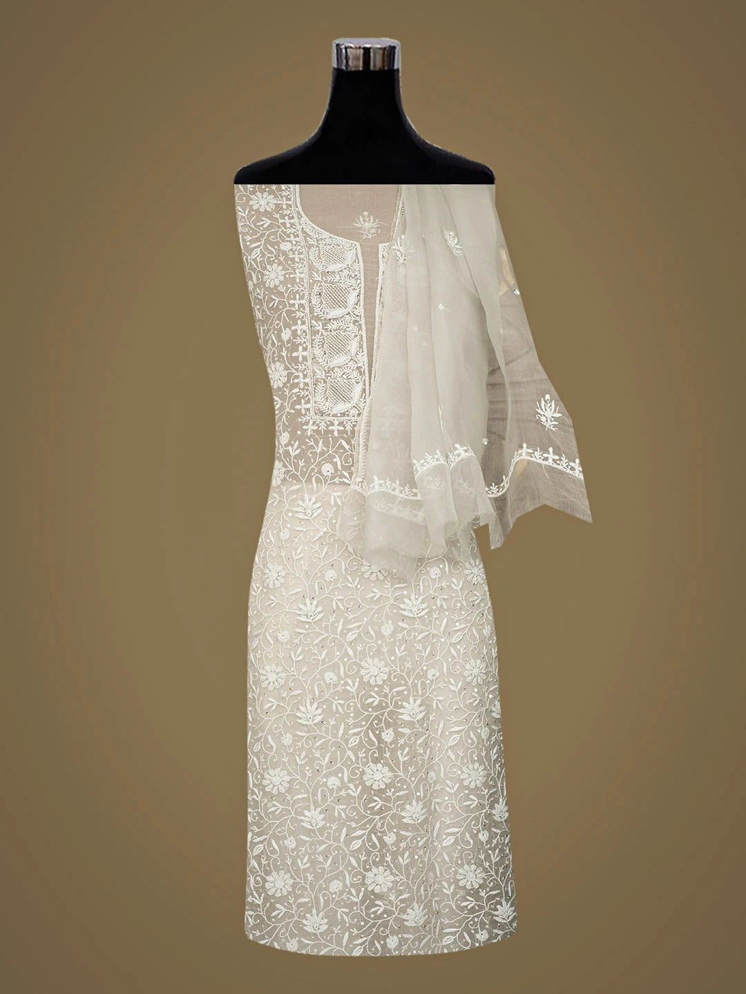 Ada Hand Embroidered Grey Organza Lucknowi Chikankari Unstitched Kurta Dupatta Set With Sequinned Work 01A936258