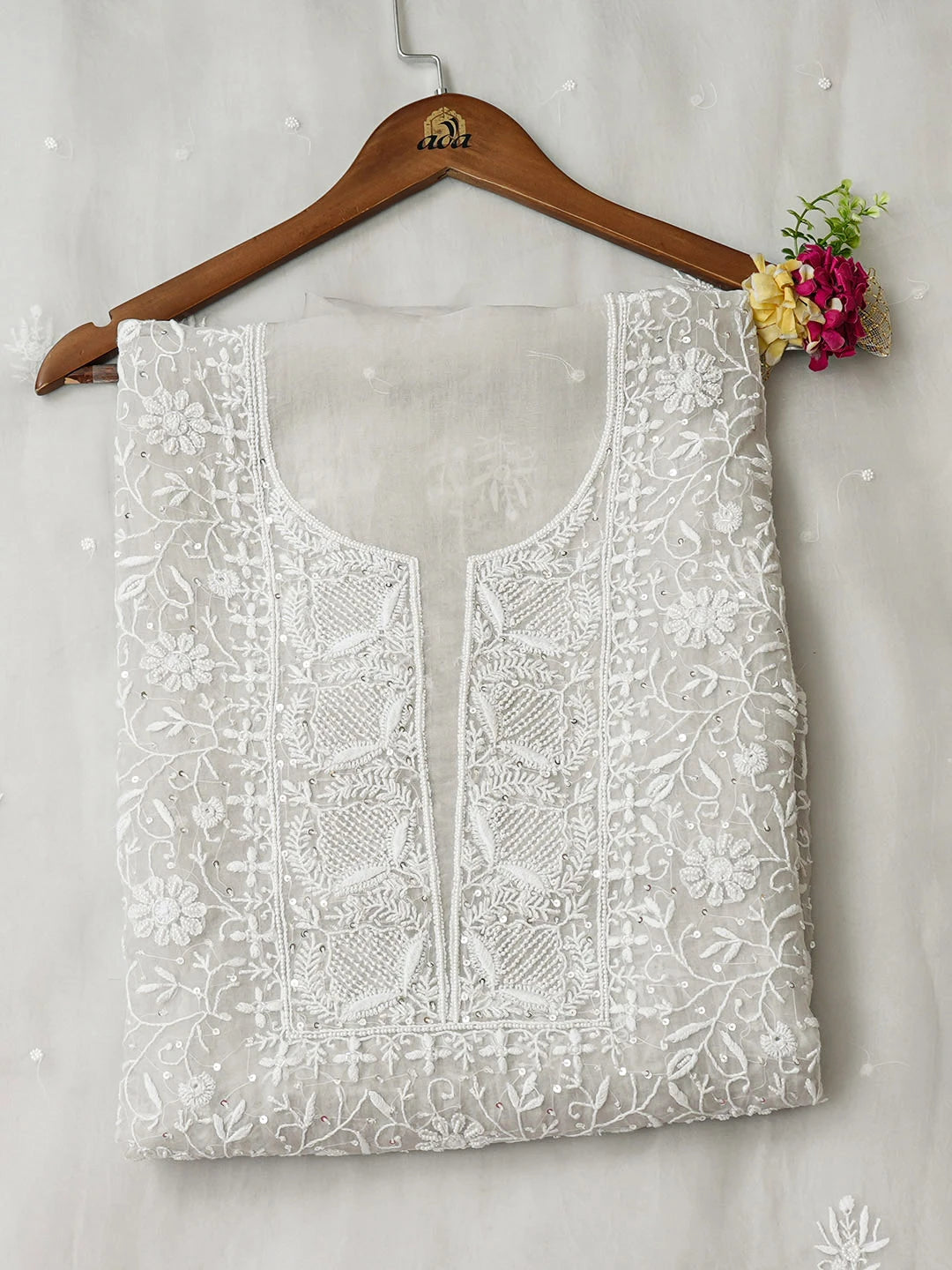 Ada Hand Embroidered Grey Organza Lucknowi Chikankari Unstitched Kurta Dupatta Set With Sequinned Work 01A936258