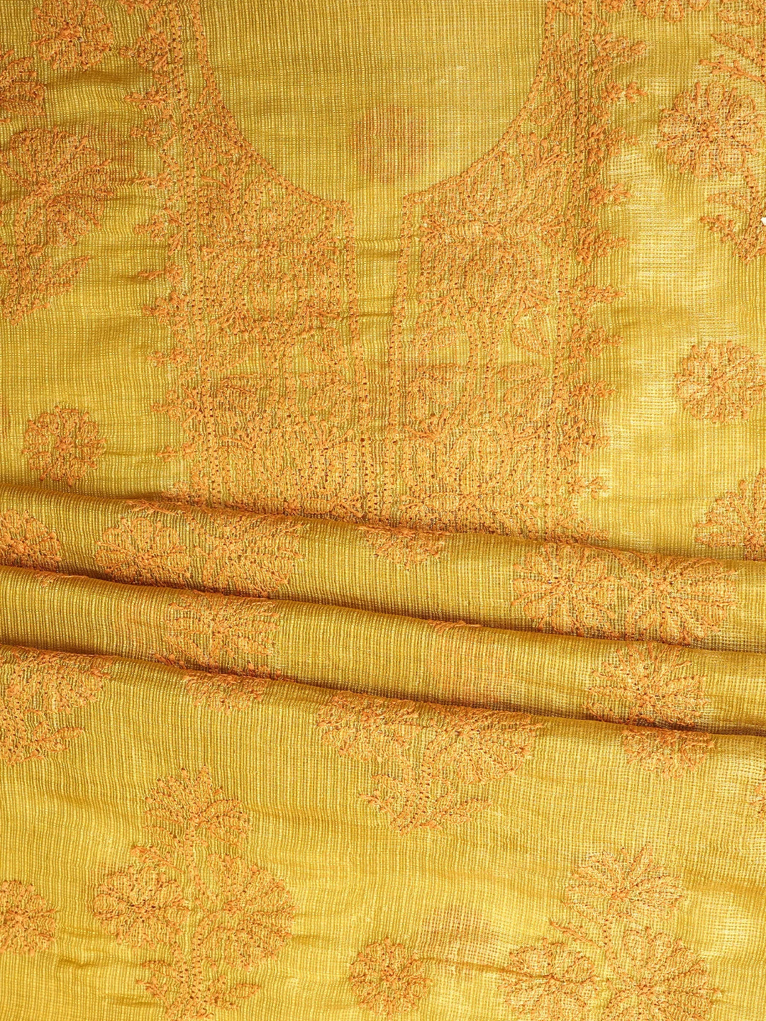 Ada Hand Embroidered Mehandi Green Kota Tissue Lucknowi Chikankari Unstitched Kurta Dupatta Set 01A802333