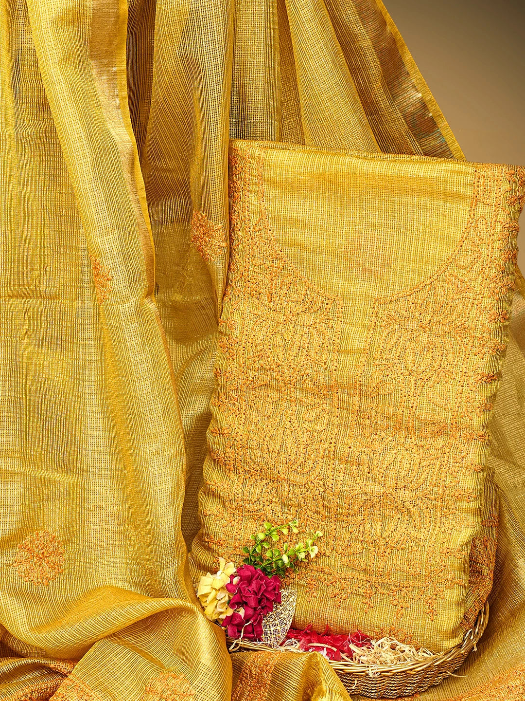 Ada Hand Embroidered Mehandi Green Kota Tissue Lucknowi Chikankari Unstitched Kurta Dupatta Set 01A802333