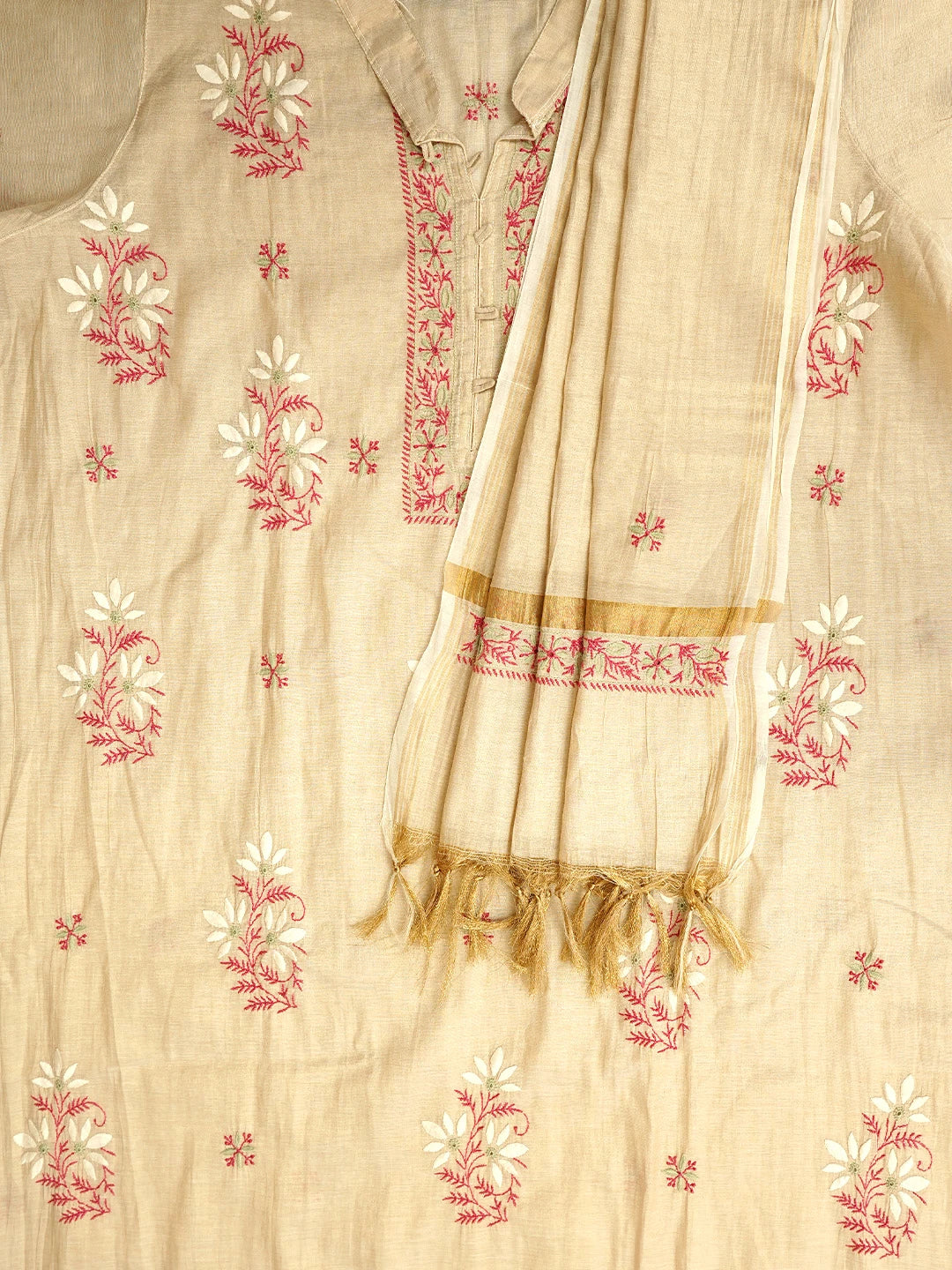 Ada Hand Embroidered Fawn Tissue Lucknowi Chikankari Semi Stitched Kurta Dupatta Set 01A901103