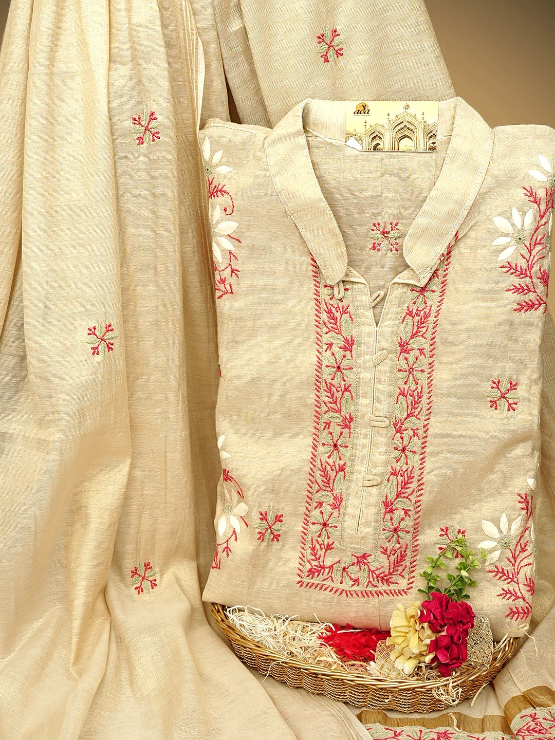 Ada Hand Embroidered Fawn Tissue Lucknowi Chikankari Semi Stitched Kurta Dupatta Set 01A901103