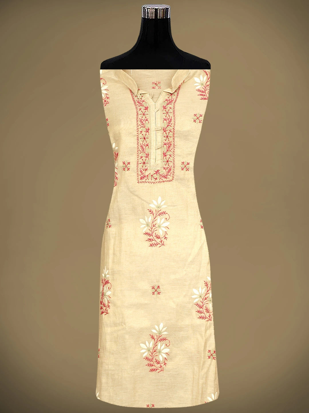 Ada Hand Embroidered Fawn Tissue Lucknowi Chikankari Semi Stitched Kurta Dupatta Set 01A901103