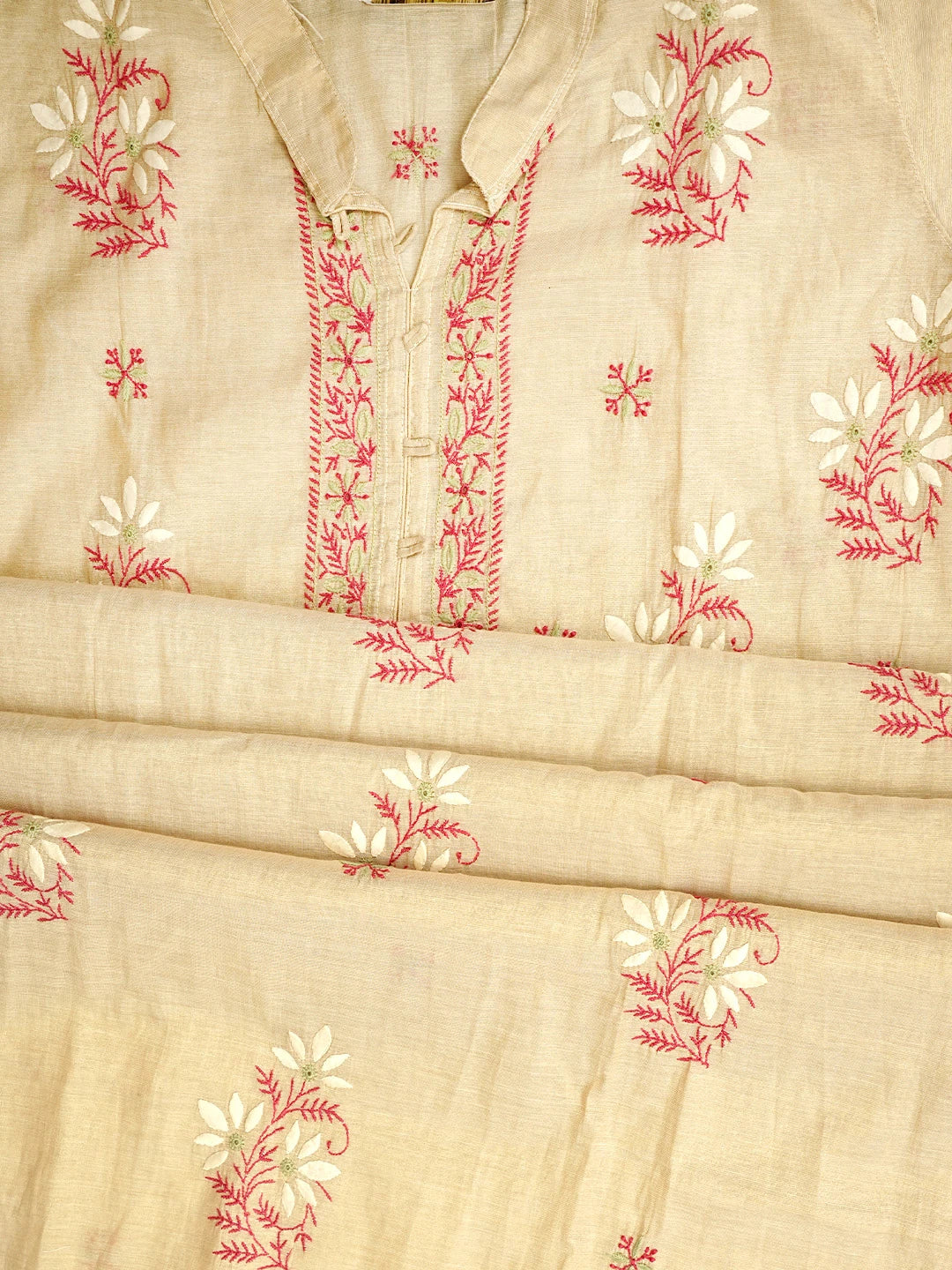 Ada Hand Embroidered Fawn Tissue Lucknowi Chikankari Semi Stitched Kurta Dupatta Set 01A901103