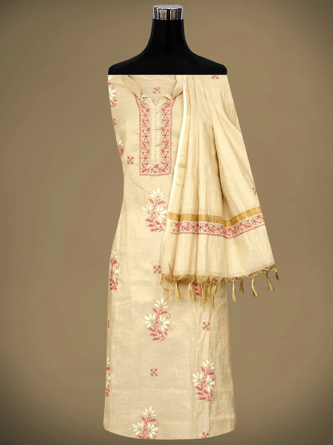 Ada Hand Embroidered Fawn Tissue Lucknowi Chikankari Semi Stitched Kurta Dupatta Set 01A901103
