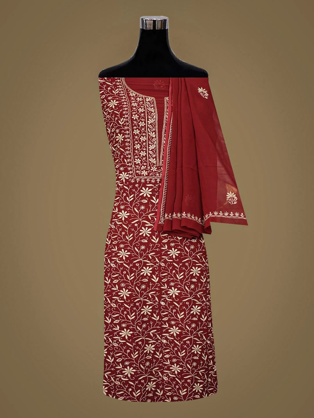 Ada Hand Embroidered Maroon Viscose Georgette Lucknowi Chikankari Unstitched Kurta Dupatta Set With Sequinned Work 01A887969