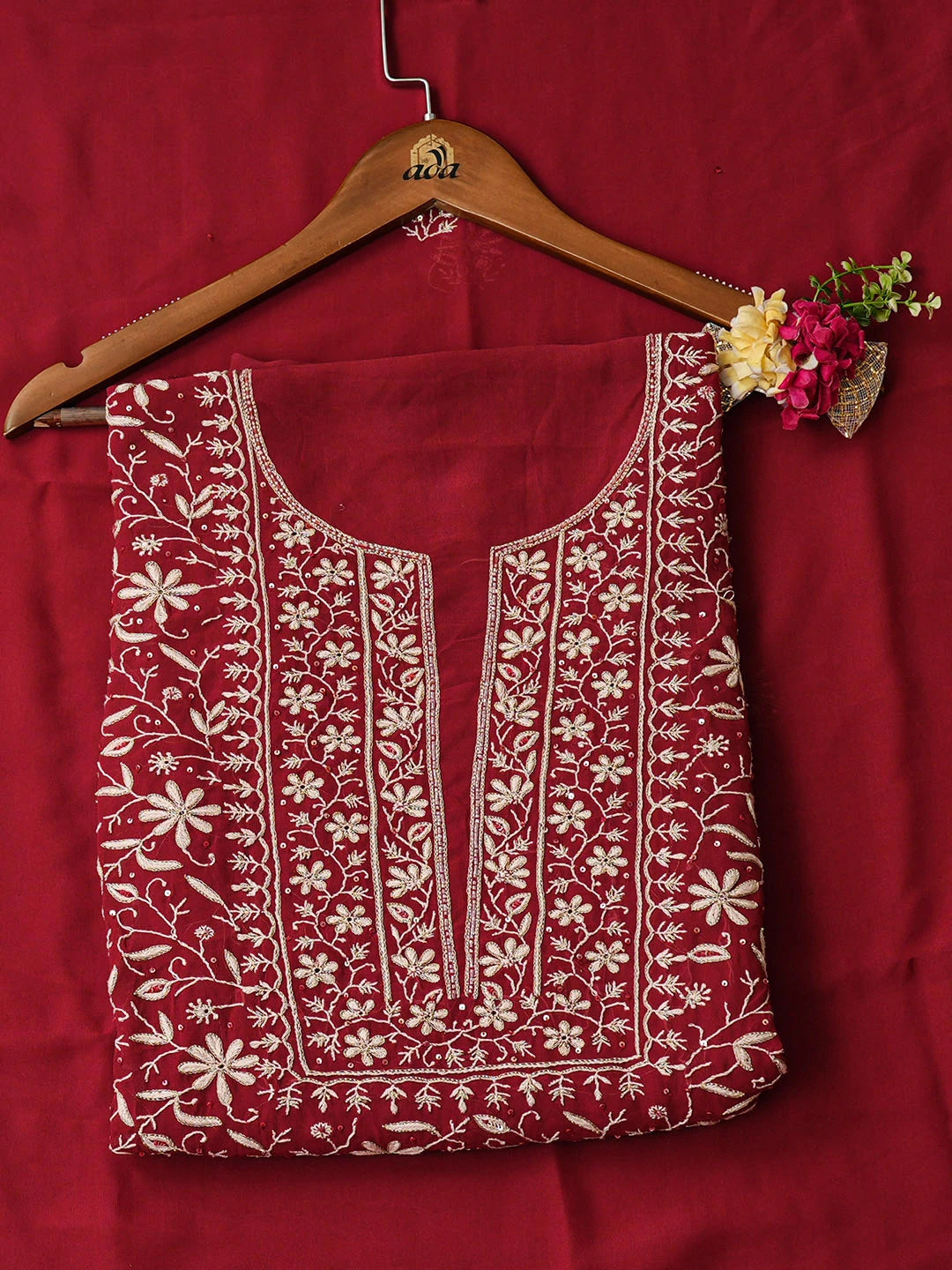 Ada Hand Embroidered Maroon Viscose Georgette Lucknowi Chikankari Unstitched Kurta Dupatta Set With Sequinned Work 01A887969
