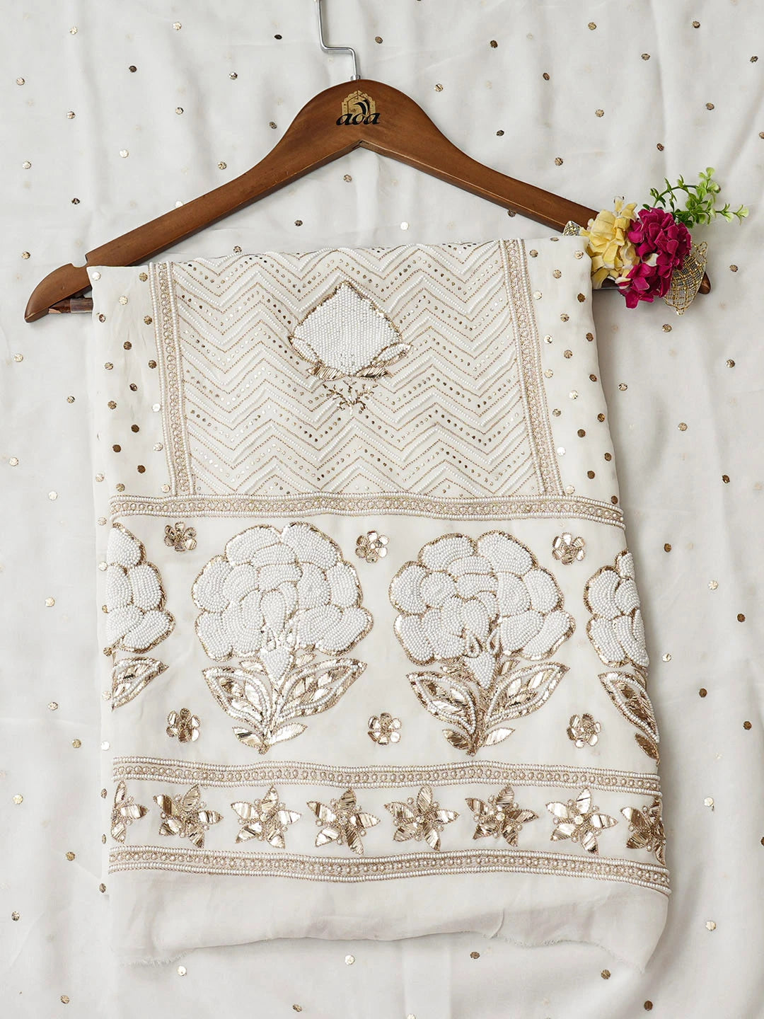 Ada Hand Embroidered White Viscose Georgette Unstitched Kurta Dupatta Set With Muqaish/Mukaish Work 01A957861