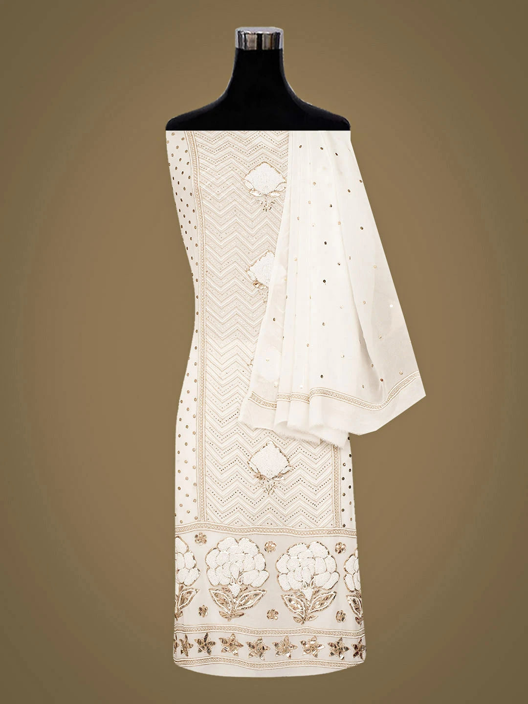 Ada Hand Embroidered White Viscose Georgette Unstitched Kurta Dupatta Set With Muqaish/Mukaish Work 01A957861