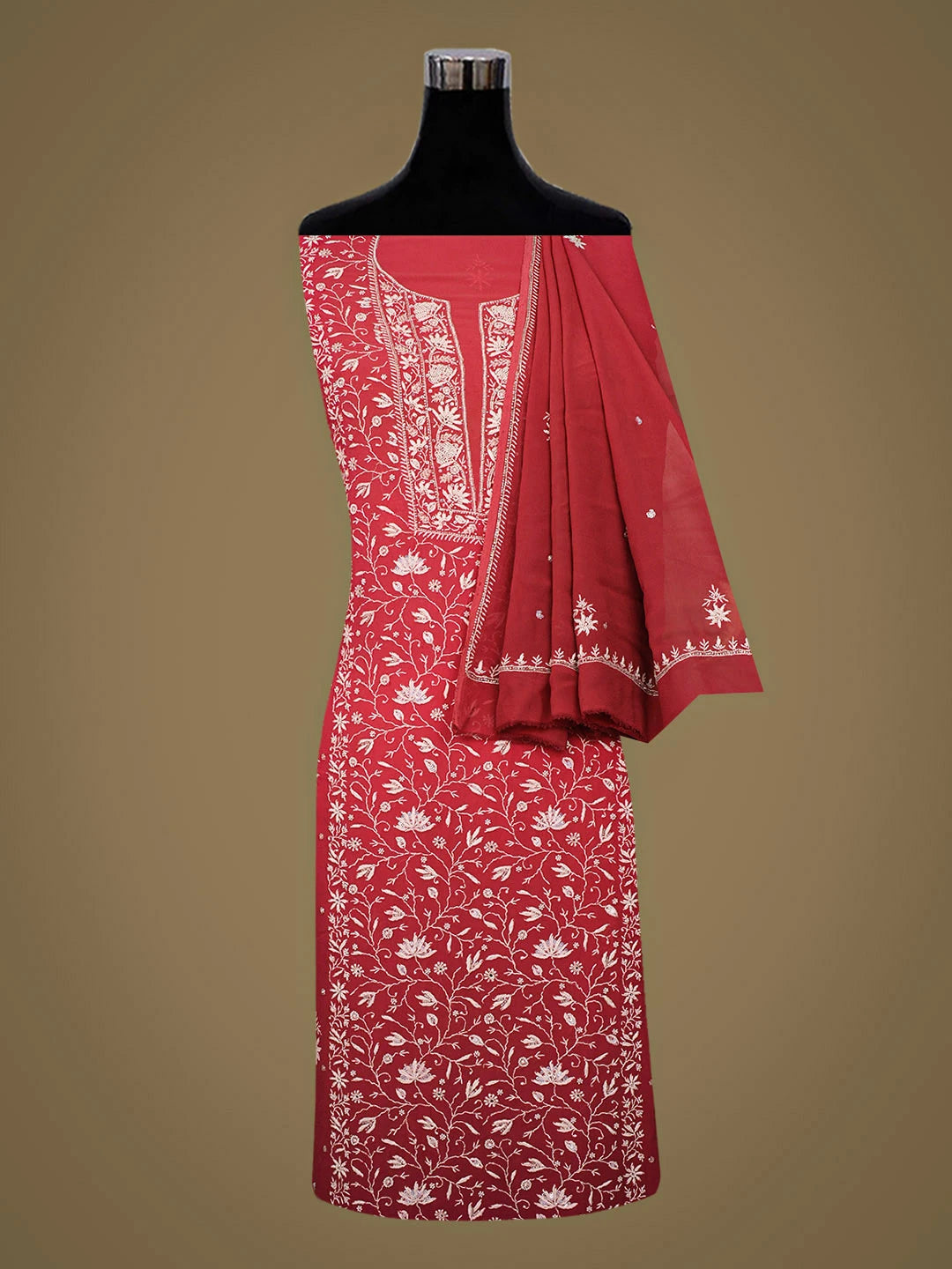 Ada Hand Embroidered Carrot Pink Viscose Georgette Lucknowi Chikankari Unstitched Kurta Dupatta Set With Cutdana Work 01A865520
