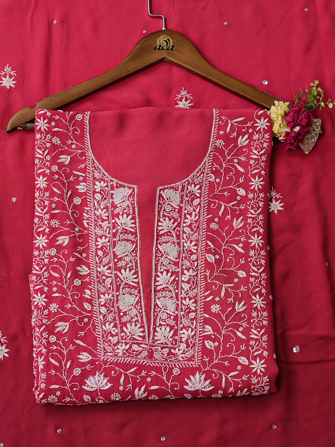 Ada Hand Embroidered Carrot Pink Viscose Georgette Lucknowi Chikankari Unstitched Kurta Dupatta Set With Cutdana Work 01A865520