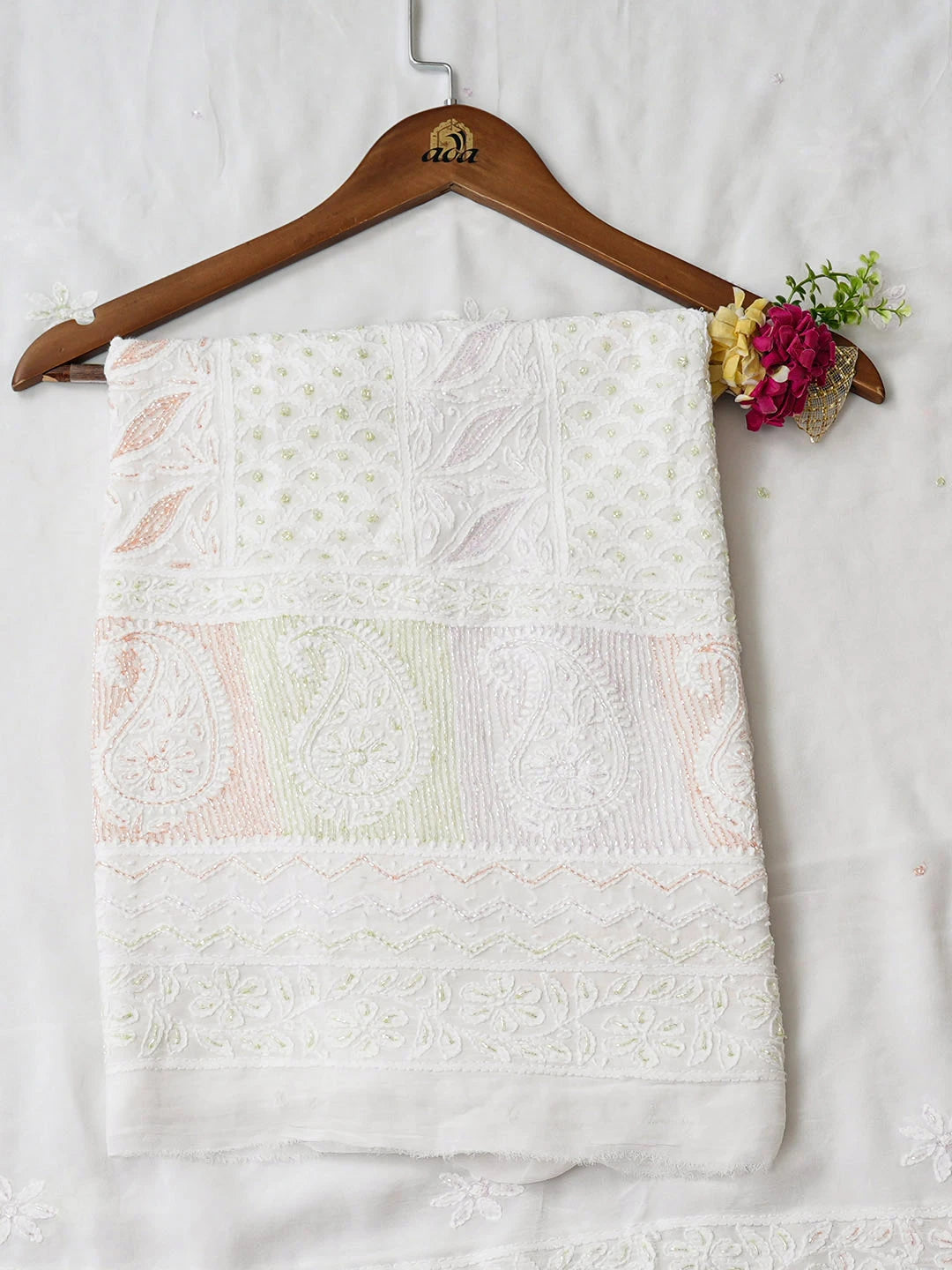 Ada Hand Embroidered White Viscose Georgette Lucknowi Chikankari Unstitched Kurta Dupatta Set With Cutdana Work 01A977811