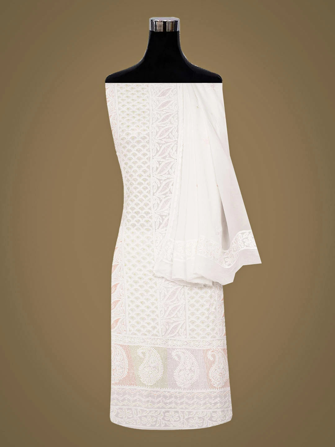 Ada Hand Embroidered White Viscose Georgette Lucknowi Chikankari Unstitched Kurta Dupatta Set With Cutdana Work 01A977811