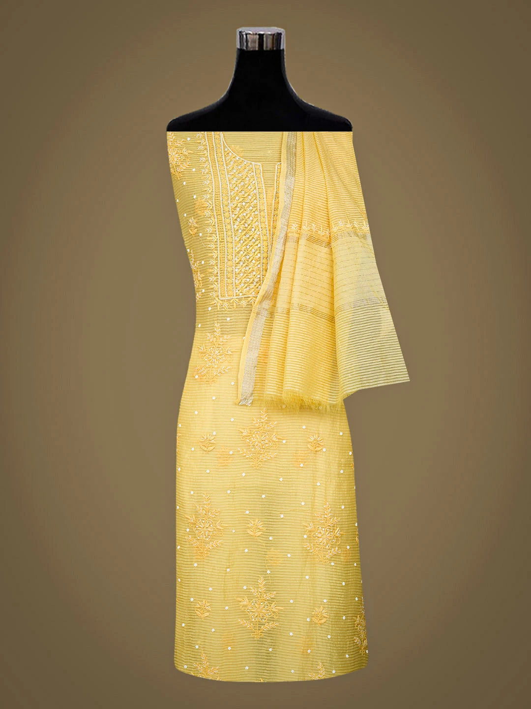 Ada Hand Embroidered Yellow Chanderi Lucknowi Chikankari Unstitched Kurta Dupatta Set With Cutdana Work 01A947885