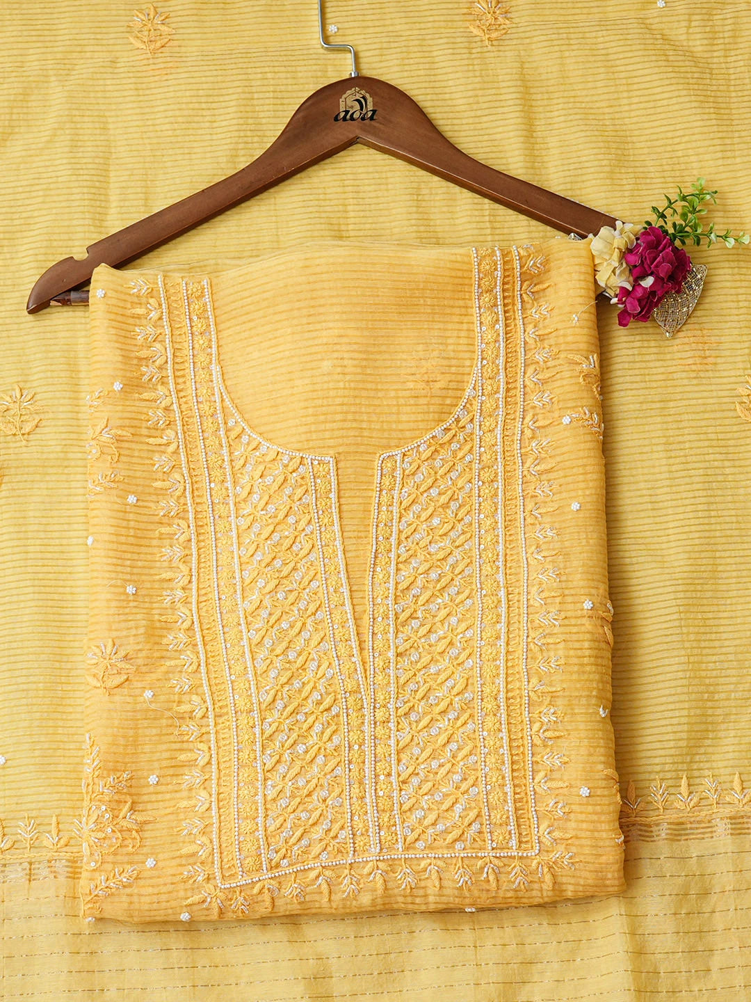 Ada Hand Embroidered Yellow Chanderi Lucknowi Chikankari Unstitched Kurta Dupatta Set With Cutdana Work 01A947885