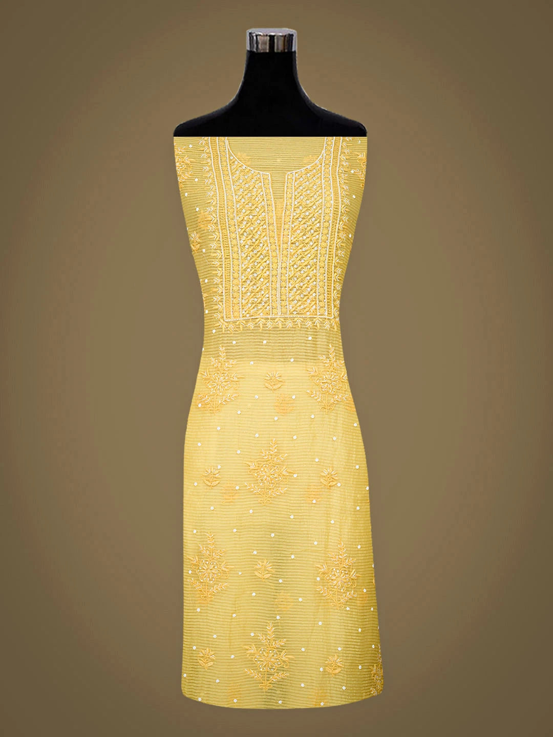 Ada Hand Embroidered Yellow Chanderi Lucknowi Chikankari Unstitched Kurta Dupatta Set With Cutdana Work 01A947885
