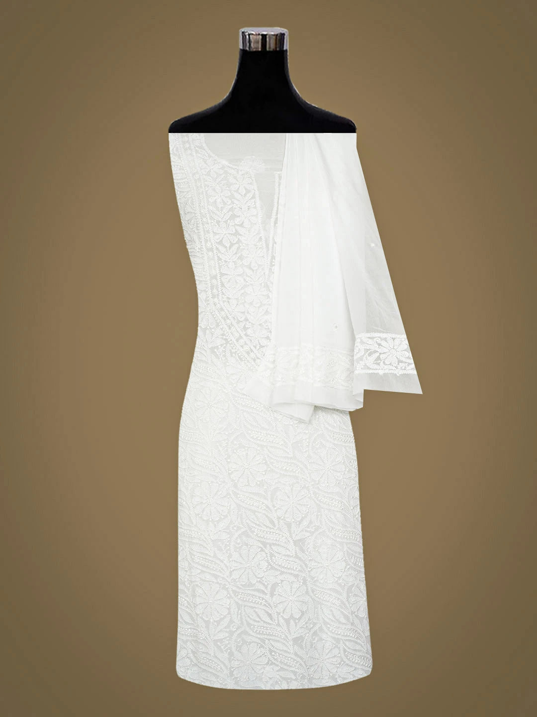 Ada Hand Embroidered White Viscose Georgette Lucknowi Chikankari Unstitched Kurta Dupatta Set With Cutdana Work 01A962451