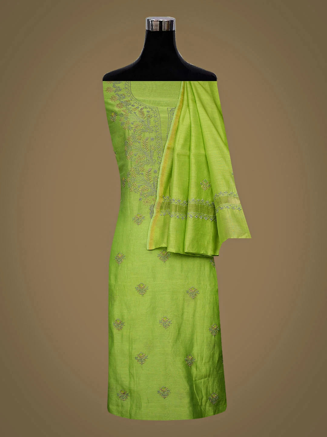 Ada Hand Embroidered Green Chanderi Lucknowi Chikankari Unstitched Kurta Dupatta Set 01A935463