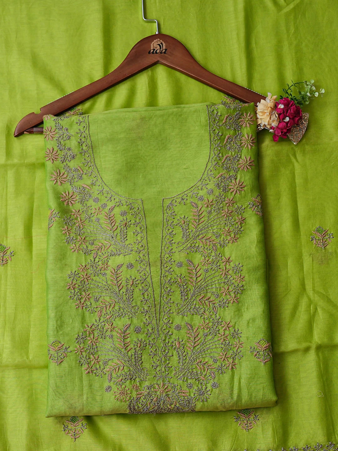 Ada Hand Embroidered Green Chanderi Lucknowi Chikankari Unstitched Kurta Dupatta Set 01A935463