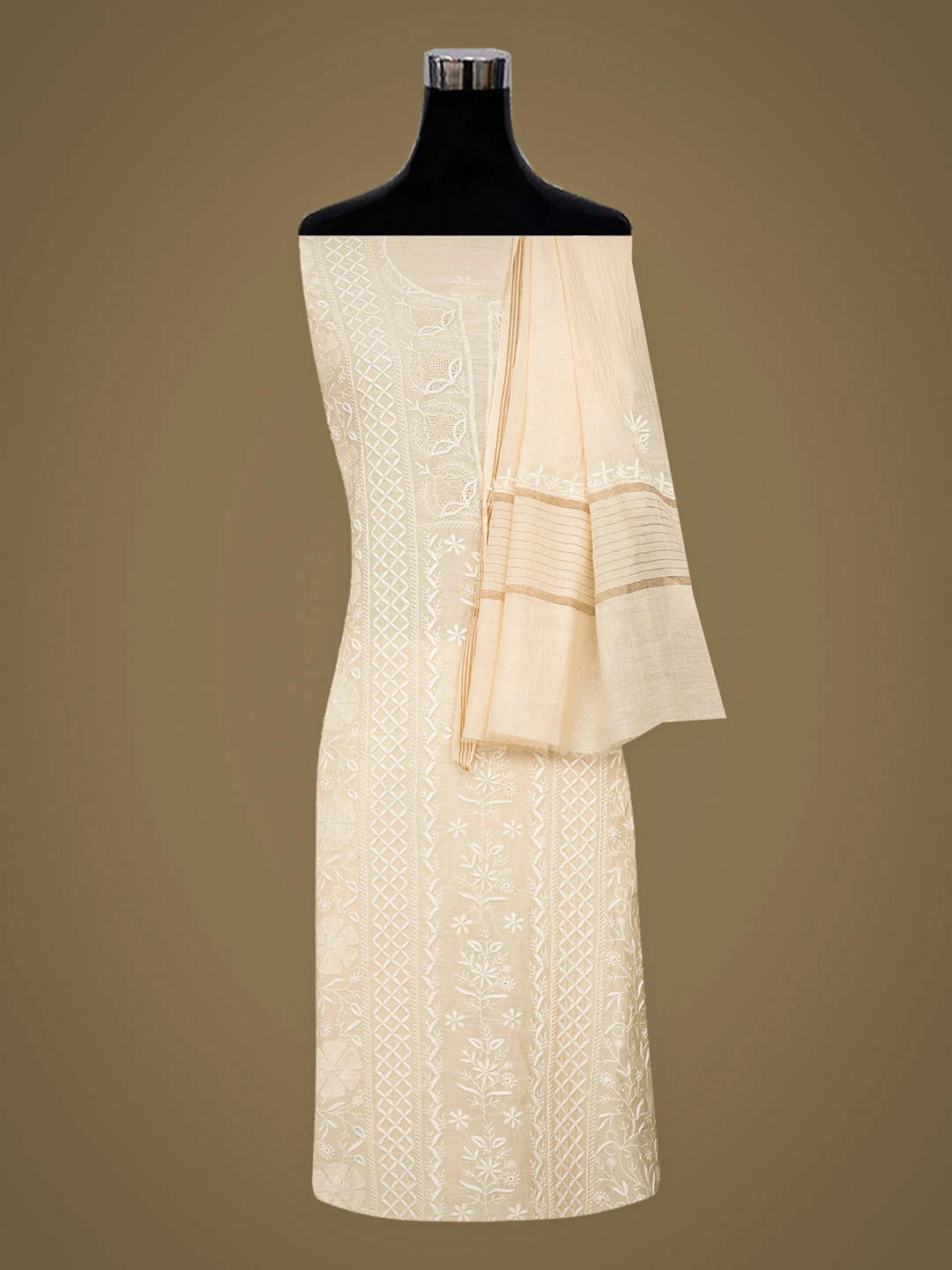 Ada Hand Embroidered Beige Chanderi Lucknowi Chikankari Unstitched Kurta Dupatta Set 01A972862