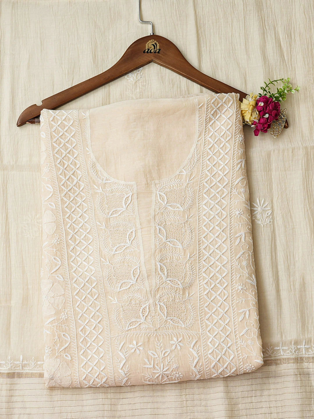 Ada Hand Embroidered Beige Chanderi Lucknowi Chikankari Unstitched Kurta Dupatta Set 01A972862