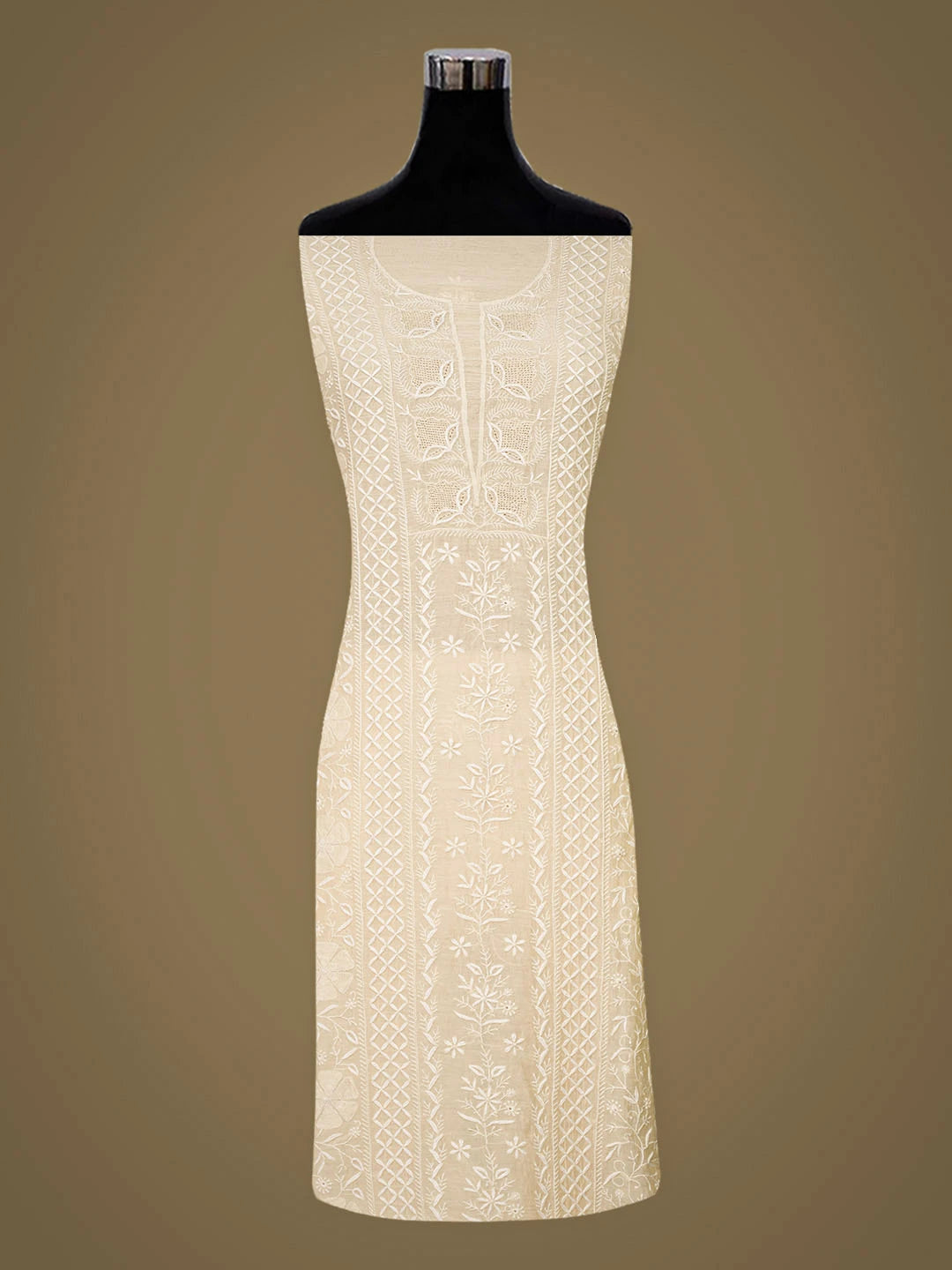 Ada Hand Embroidered Beige Chanderi Lucknowi Chikankari Unstitched Kurta Dupatta Set 01A972862