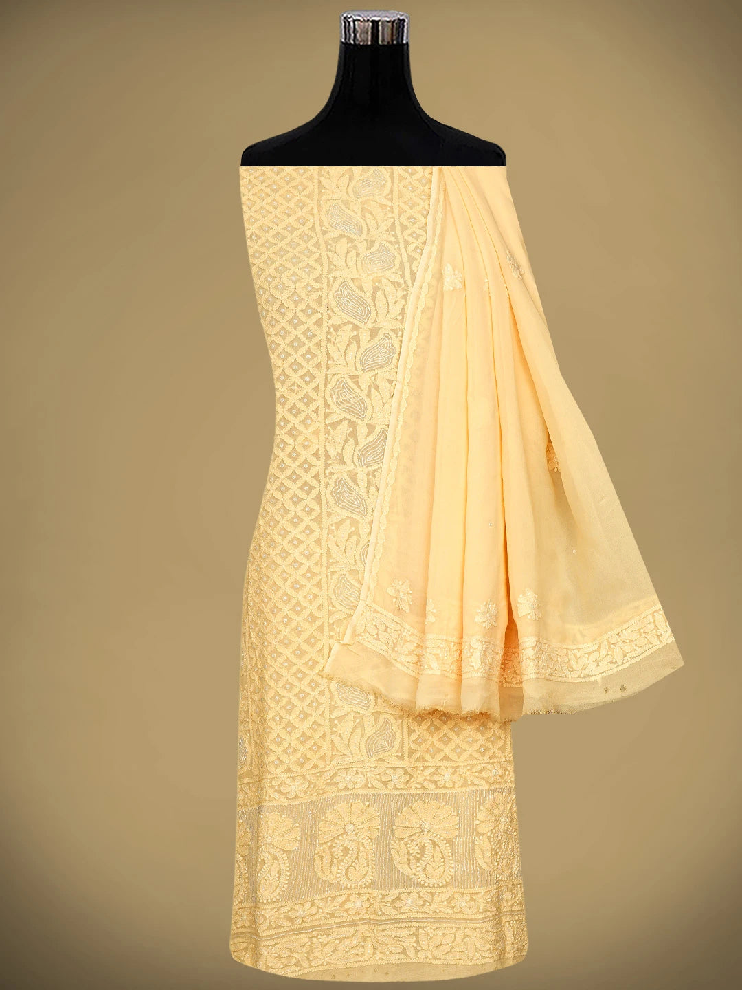 Ada Hand Embroidered Light Peach Viscose Georgette Lucknowi Chikankari Unstitched Kurta Dupatta Set With Cutdana Work 01A957790