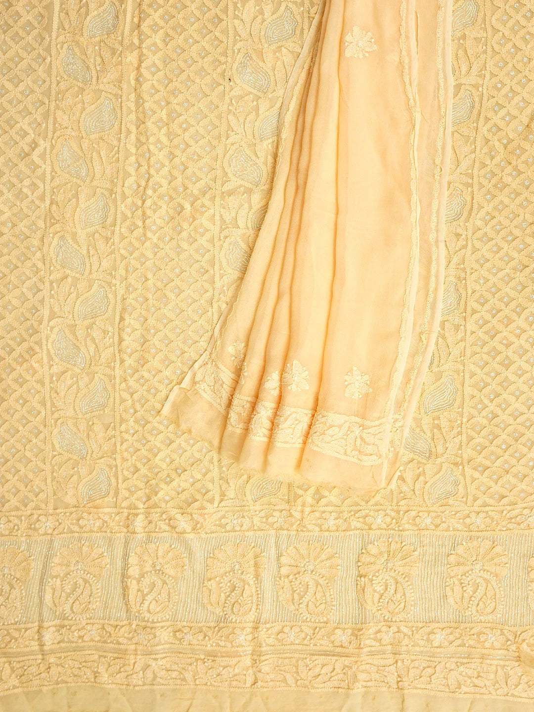Ada Hand Embroidered Light Peach Viscose Georgette Lucknowi Chikankari Unstitched Kurta Dupatta Set With Cutdana Work 01A957790