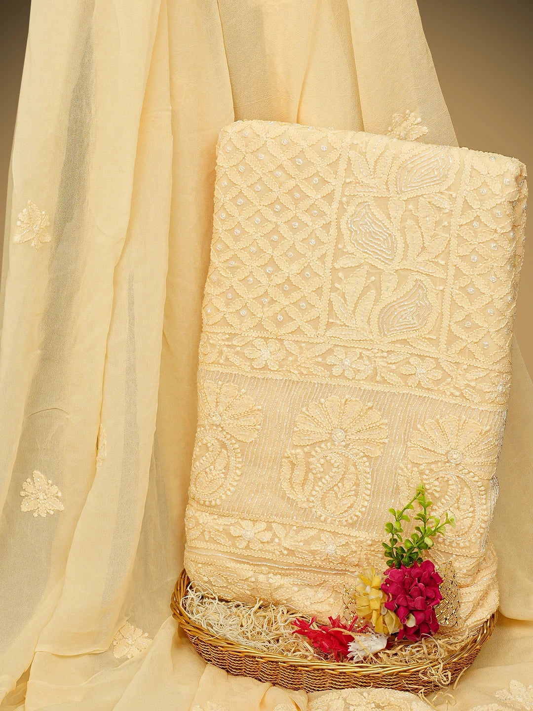 Ada Hand Embroidered Light Peach Viscose Georgette Lucknowi Chikankari Unstitched Kurta Dupatta Set With Cutdana Work 01A957790