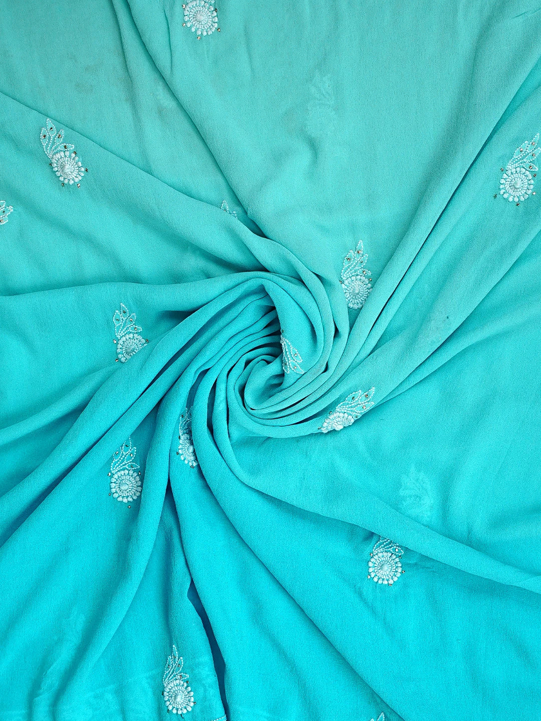Ada Hand Embroidered Deep Sky Blue Pure Georgette Lucknowi Chikankari Unstitched Kurta Dupatta Set With Mukaish Work 01A915908