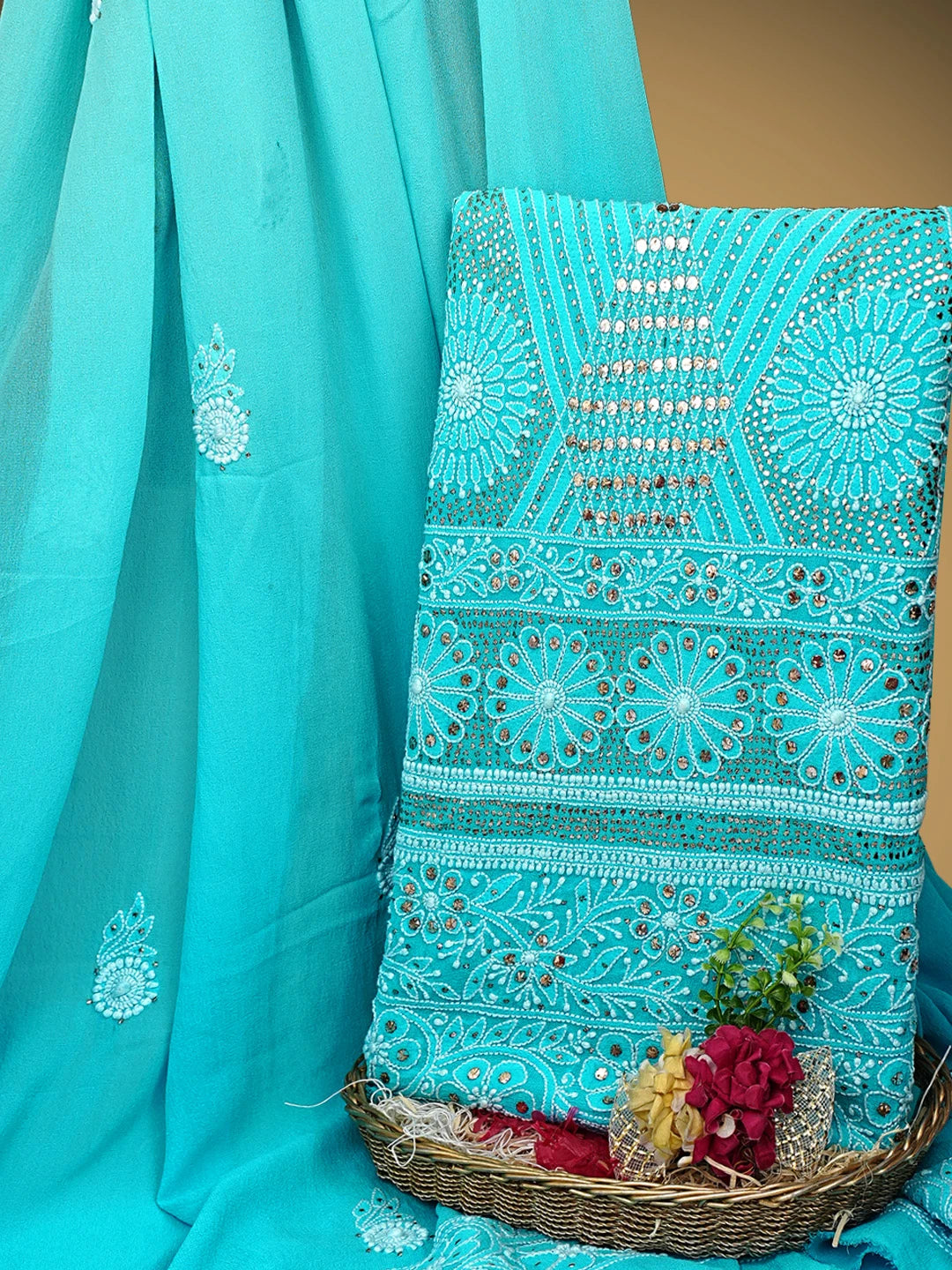 Ada Hand Embroidered Deep Sky Blue Pure Georgette Lucknowi Chikankari Unstitched Kurta Dupatta Set With Mukaish Work 01A915908