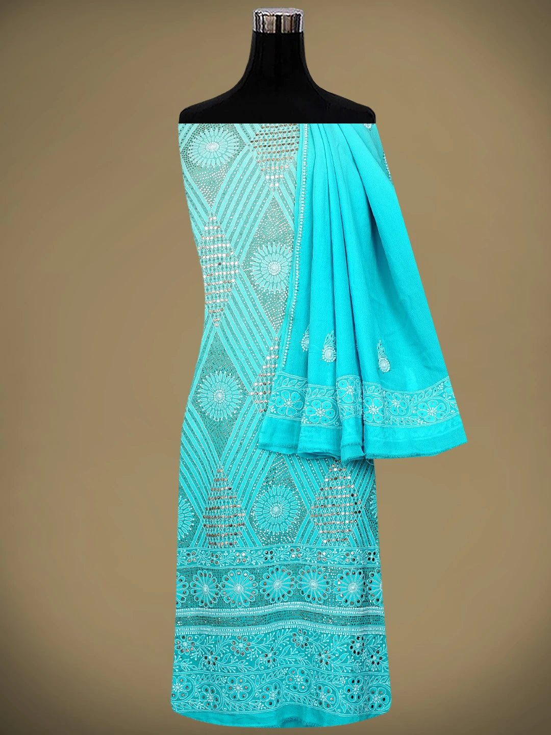 Ada Hand Embroidered Deep Sky Blue Pure Georgette Lucknowi Chikankari Unstitched Kurta Dupatta Set With Mukaish Work 01A915908