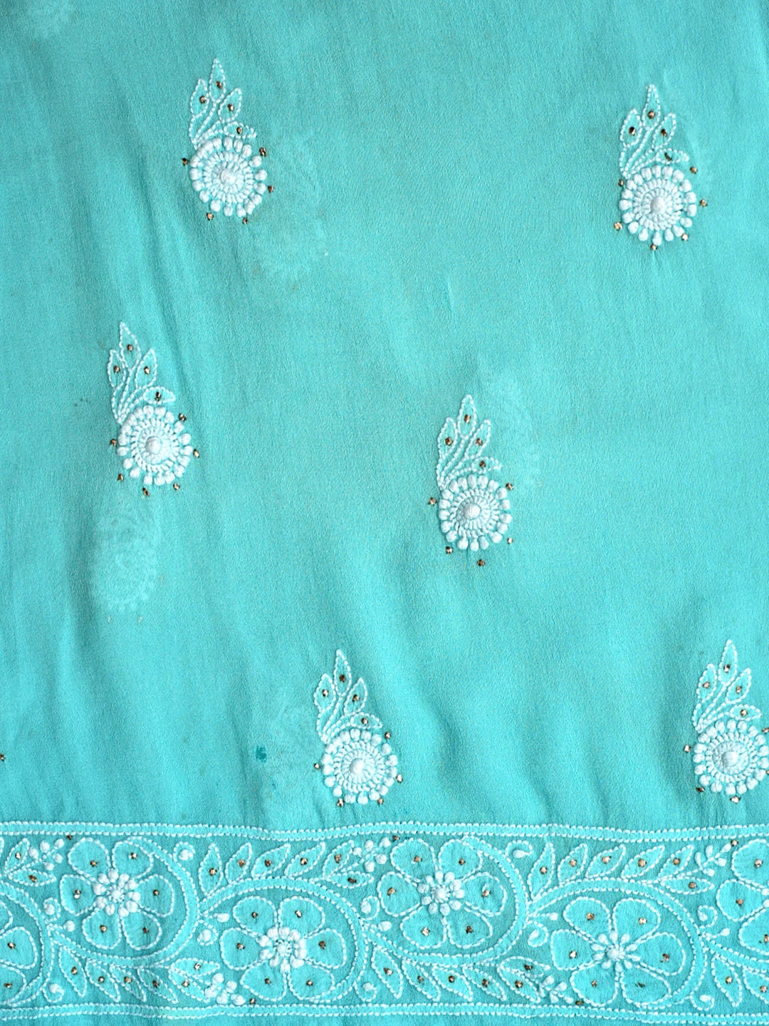 Ada Hand Embroidered Deep Sky Blue Pure Georgette Lucknowi Chikankari Unstitched Kurta Dupatta Set With Mukaish Work 01A915908