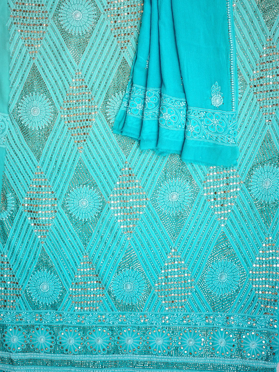 Ada Hand Embroidered Deep Sky Blue Pure Georgette Lucknowi Chikankari Unstitched Kurta Dupatta Set With Mukaish Work 01A915908