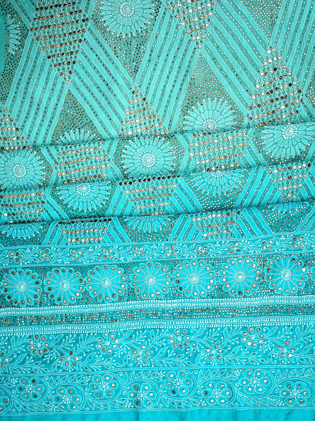 Ada Hand Embroidered Deep Sky Blue Pure Georgette Lucknowi Chikankari Unstitched Kurta Dupatta Set With Mukaish Work 01A915908