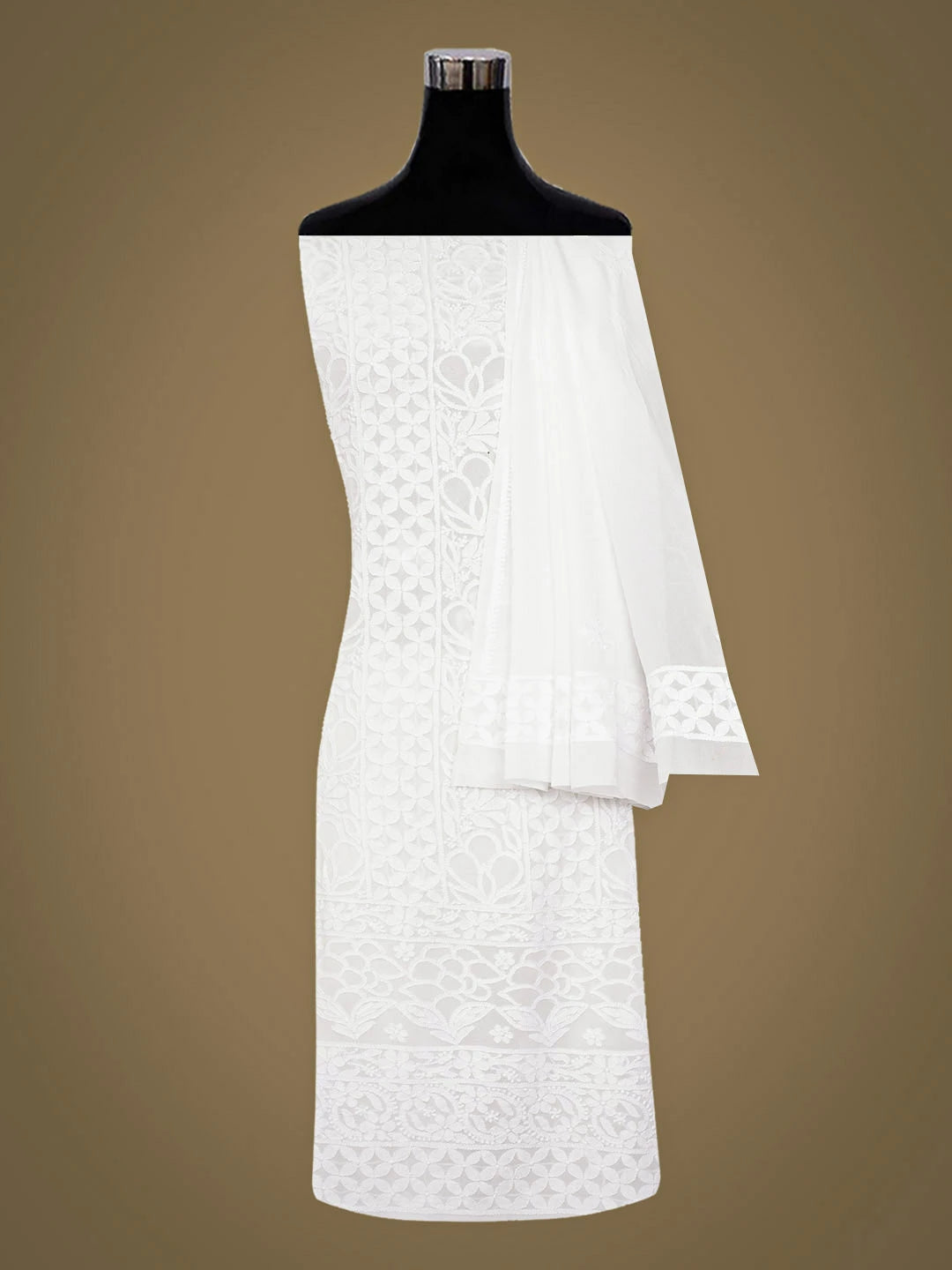 Ada Hand Embroidered White Viscose Georgette Lucknowi Chikankari Unstitched Kurta Dupatta Set 01A970864