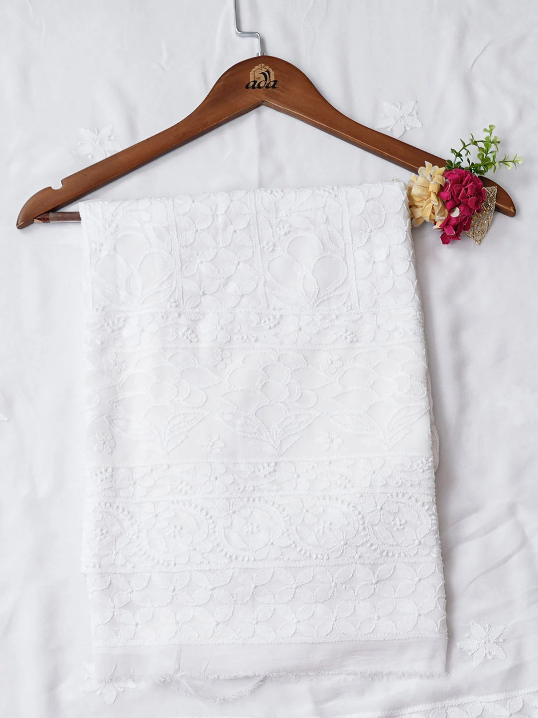 Ada Hand Embroidered White Viscose Georgette Lucknowi Chikankari Unstitched Kurta Dupatta Set 01A970864