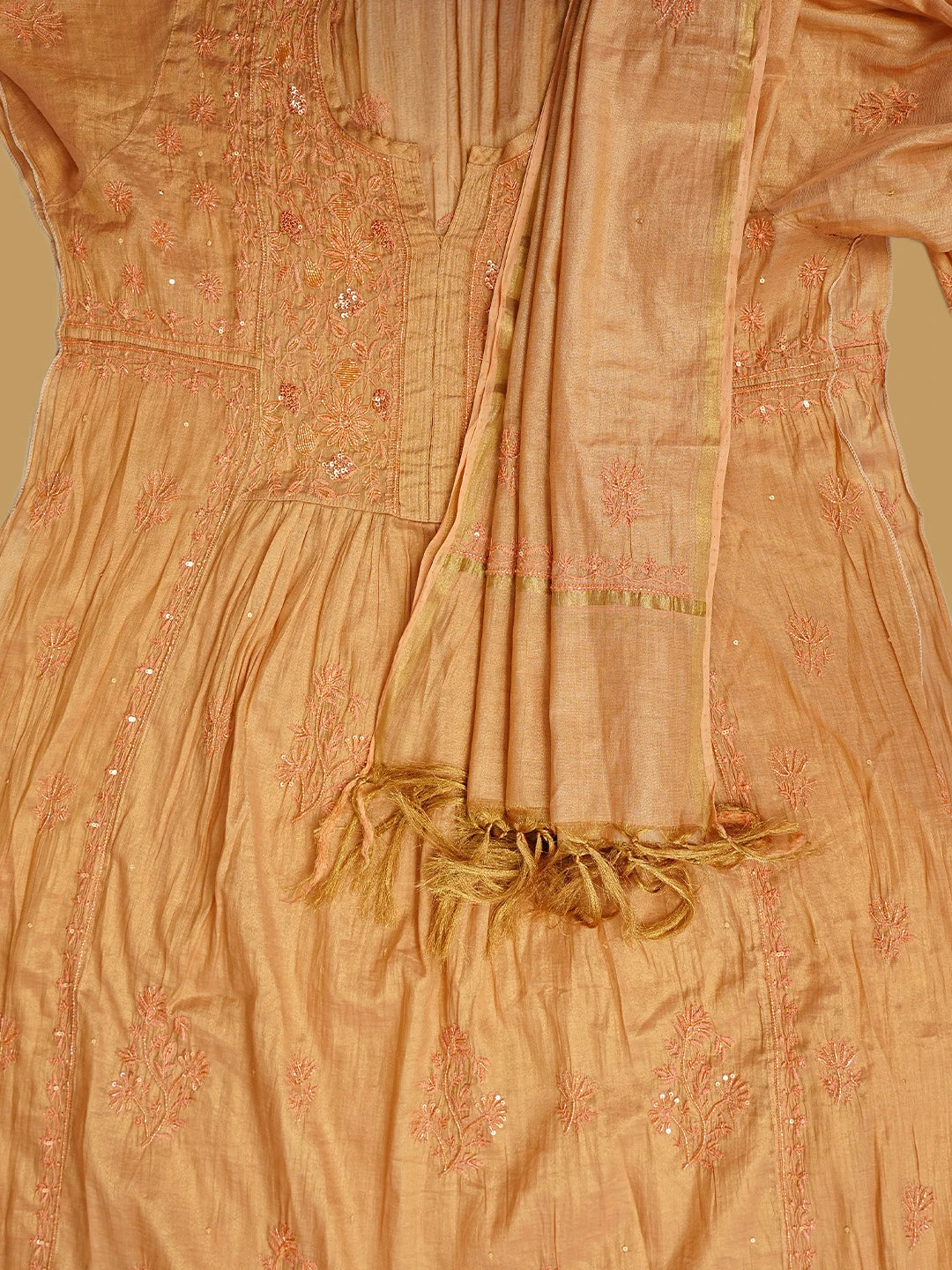 Ada Hand Embroidered Peach Tissue Lucknowi Chikankari Semi Stitched A-Line Kurta Dupatta Set with Cutdana Work 01A912353