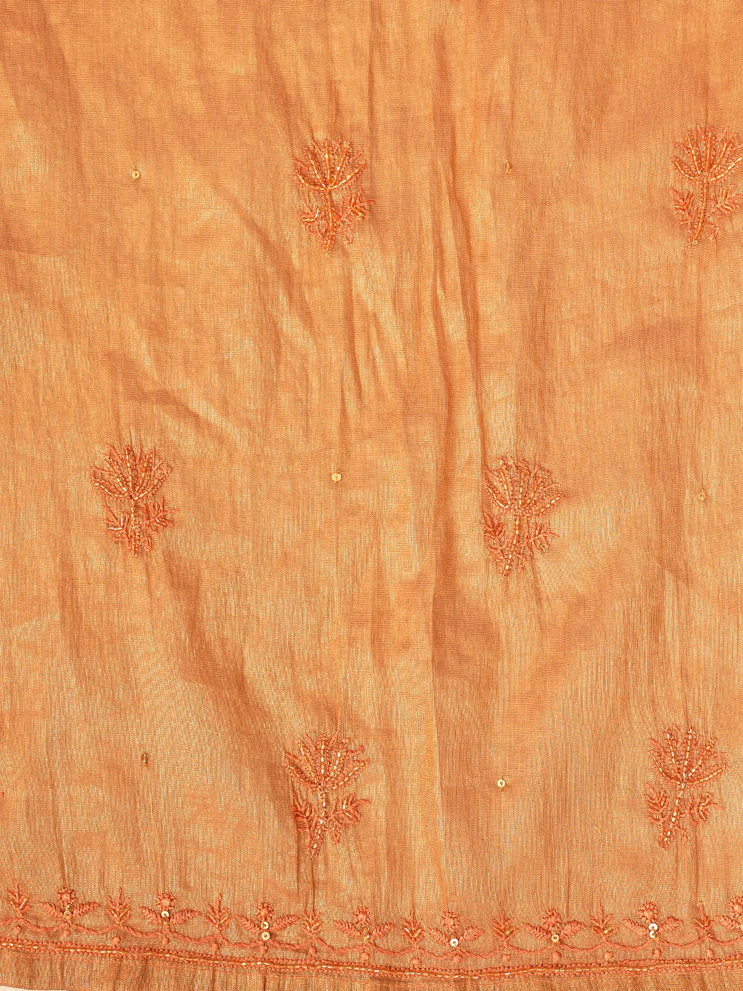 Ada Hand Embroidered Peach Tissue Lucknowi Chikankari Semi Stitched A-Line Kurta Dupatta Set with Cutdana Work 01A912353