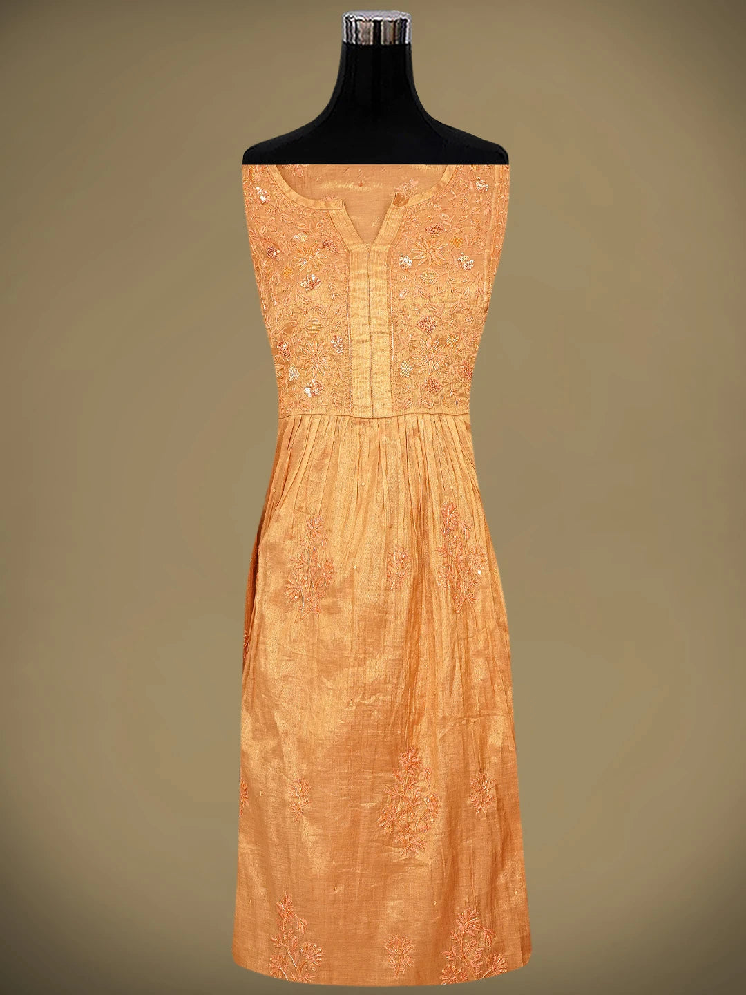 Ada Hand Embroidered Peach Tissue Lucknowi Chikankari Semi Stitched A-Line Kurta Dupatta Set with Cutdana Work 01A912353