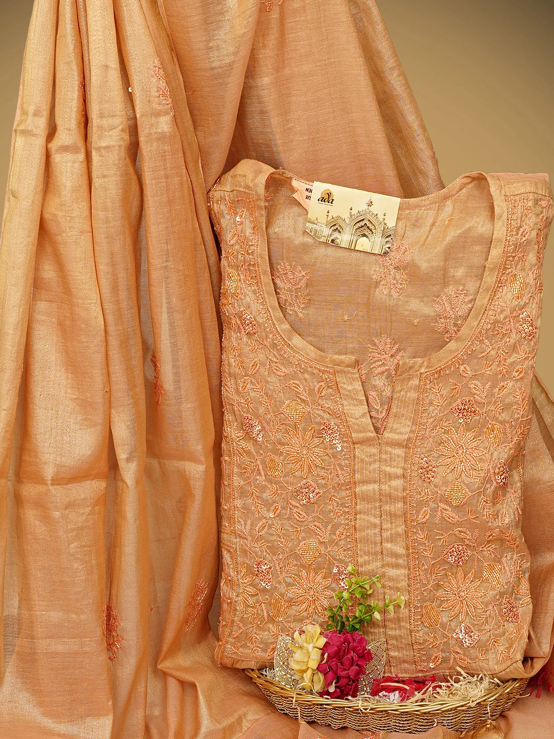 Ada Hand Embroidered Peach Tissue Lucknowi Chikankari Semi Stitched A-Line Kurta Dupatta Set with Cutdana Work 01A912353