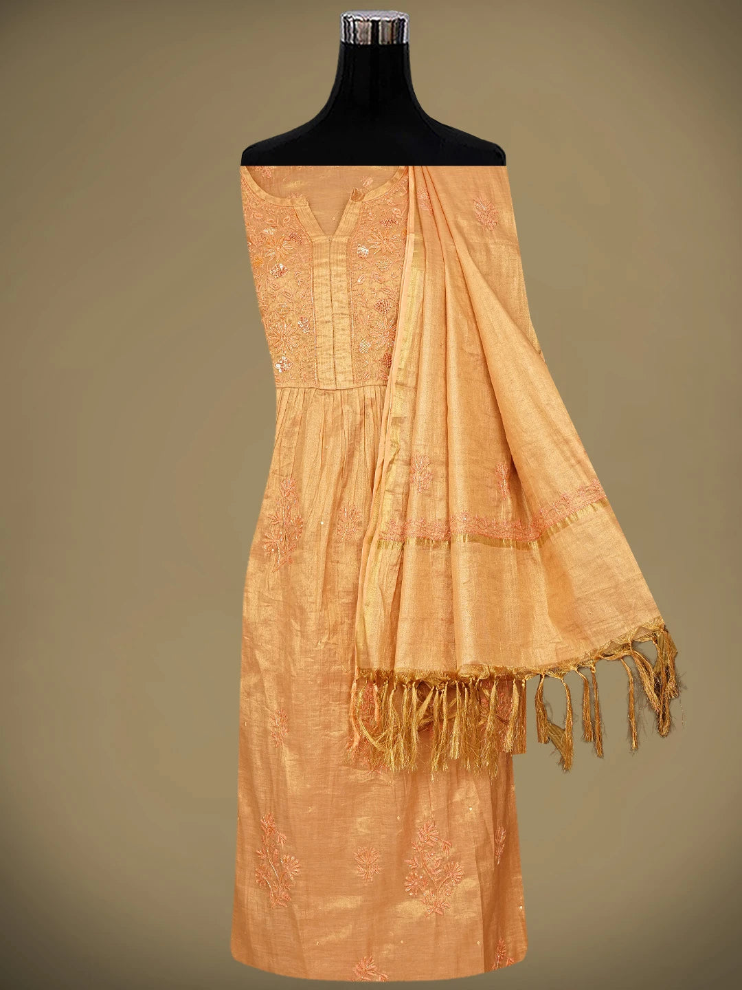 Ada Hand Embroidered Peach Tissue Lucknowi Chikankari Semi Stitched A-Line Kurta Dupatta Set with Cutdana Work 01A912353