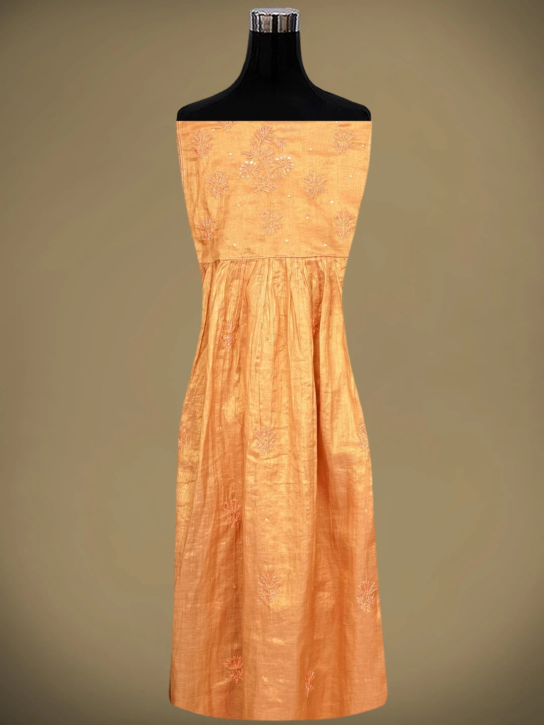 Ada Hand Embroidered Peach Tissue Lucknowi Chikankari Semi Stitched A-Line Kurta Dupatta Set with Cutdana Work 01A912353