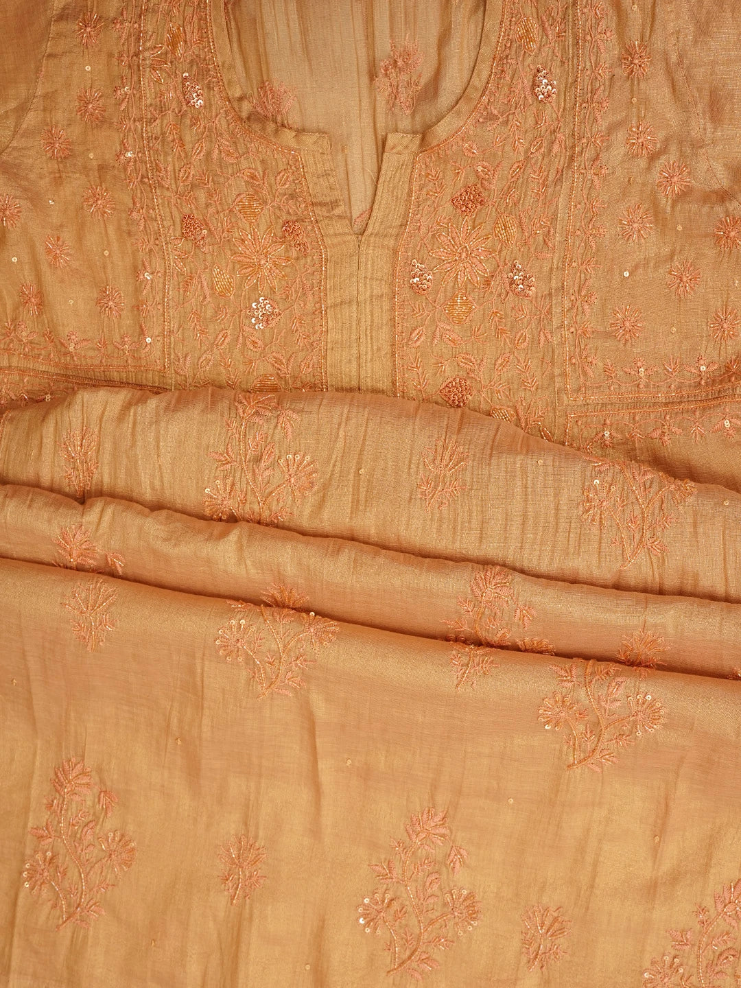 Ada Hand Embroidered Peach Tissue Lucknowi Chikankari Semi Stitched A-Line Kurta Dupatta Set with Cutdana Work 01A912353