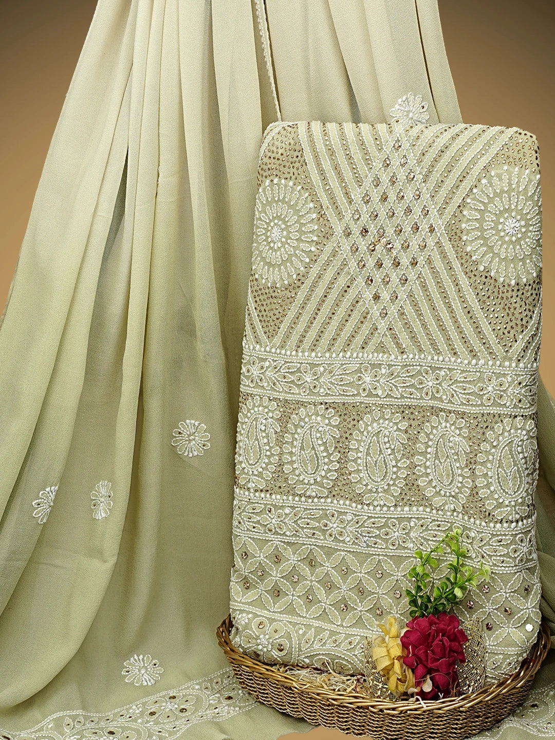 Ada Hand Embroidered Light Pista Green Pure Georgette Lucknowi Chikankari Unstitched Kurta Dupatta Set With Mukaish Work 01A846077