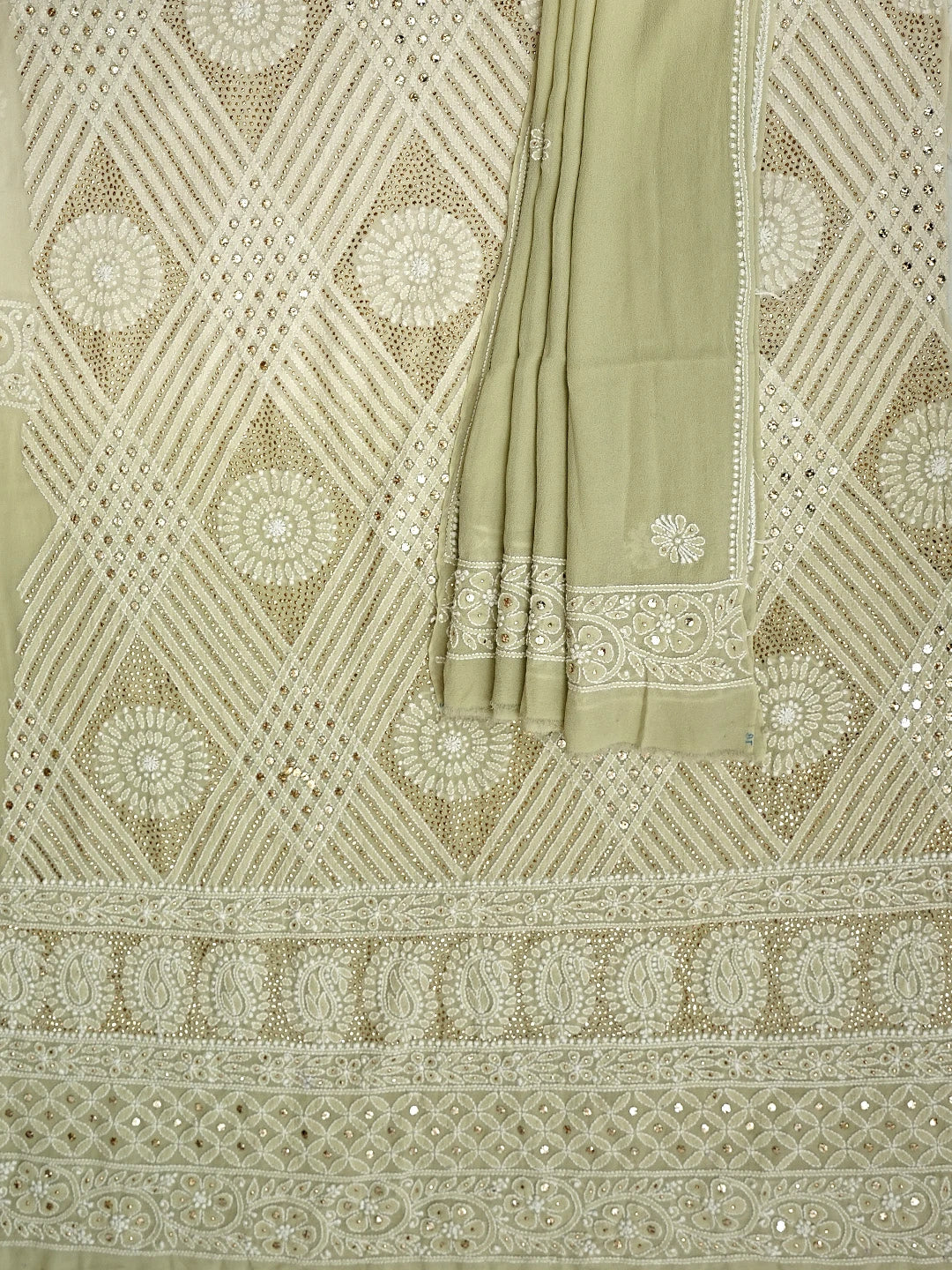 Ada Hand Embroidered Light Pista Green Pure Georgette Lucknowi Chikankari Unstitched Kurta Dupatta Set With Mukaish Work 01A846077