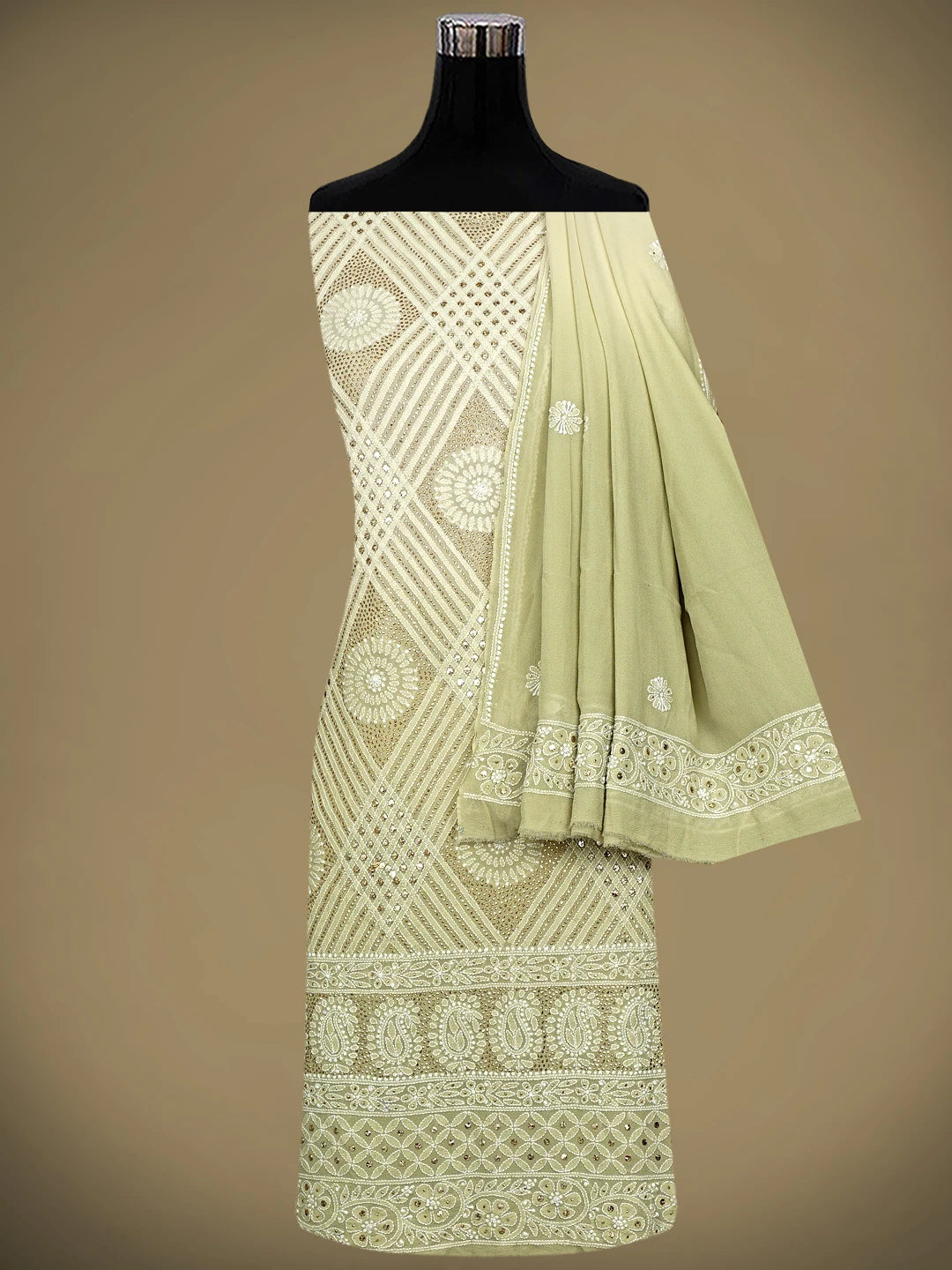 Ada Hand Embroidered Light Pista Green Pure Georgette Lucknowi Chikankari Unstitched Kurta Dupatta Set With Mukaish Work 01A846077