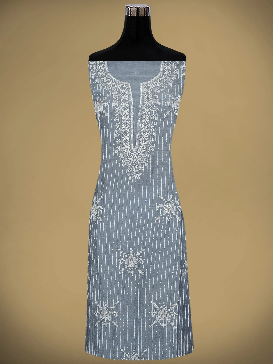 Ada Hand Embroidered Grey Chanderi Lucknowi Chikankari Semi Stitched Kurta Dupatta Set With Cutdana Work 01A971916